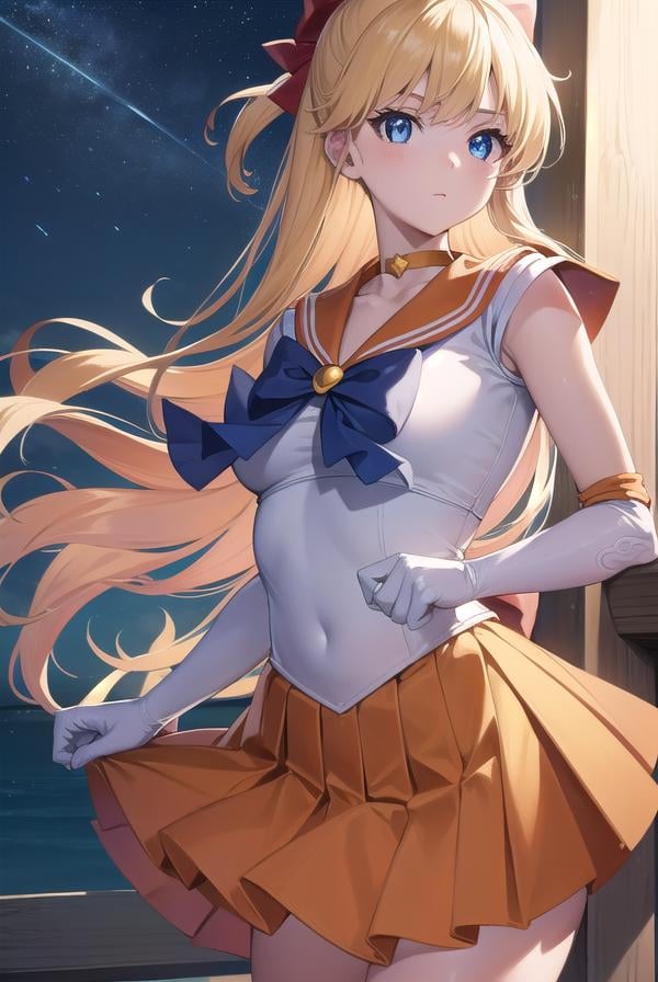 sailorvenus, <lyco:sailorvenus-lyco-nochekaiser:1>,sailor venus, blonde hair, blue eyes, bow, hair bow, half updo, long hair, red bow, tiara,BREAK back bow, choker, elbow gloves, gloves, jewelry, magical girl, orange choker, orange sailor collar, orange skirt, sailor collar, sailor senshi uniform, school uniform, serafuku, skirt, white gloves,BREAK outdoors, night, sky, star \(sky\), moon,BREAK looking at viewer, (cowboy shot:1.5),BREAK <lyco:GoodHands-beta2:1>, (masterpiece:1.2), best quality, high resolution, unity 8k wallpaper, (illustration:0.8), (beautiful detailed eyes:1.6), extremely detailed face, perfect lighting, extremely detailed CG, (perfect hands, perfect anatomy),