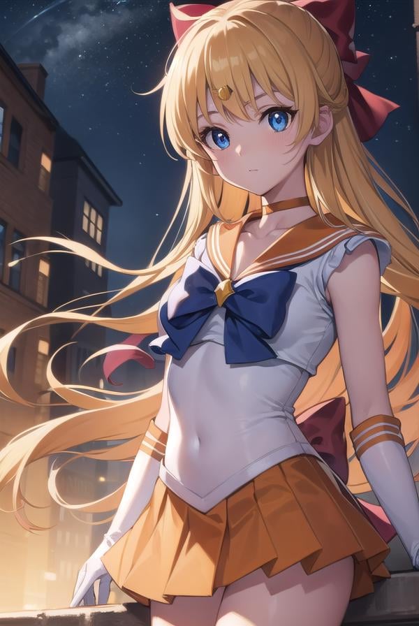 sailorvenus, <lyco:sailorvenus-lyco-nochekaiser:1>,sailor venus, blonde hair, blue eyes, bow, hair bow, half updo, long hair, red bow, tiara,BREAK back bow, choker, elbow gloves, gloves, jewelry, magical girl, orange choker, orange sailor collar, orange skirt, sailor collar, sailor senshi uniform, school uniform, serafuku, skirt, white gloves,BREAK outdoors, night, sky, star \(sky\), moon,BREAK looking at viewer, (cowboy shot:1.5),BREAK <lyco:GoodHands-beta2:1>, (masterpiece:1.2), best quality, high resolution, unity 8k wallpaper, (illustration:0.8), (beautiful detailed eyes:1.6), extremely detailed face, perfect lighting, extremely detailed CG, (perfect hands, perfect anatomy),