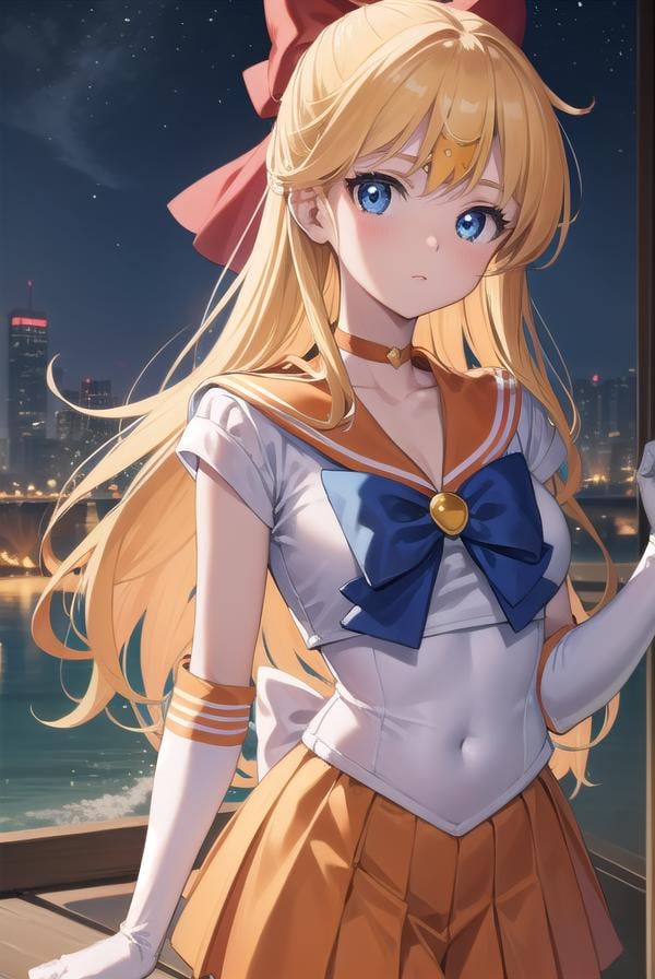 sailorvenus, <lyco:sailorvenus-lyco-nochekaiser:1>,sailor venus, blonde hair, blue eyes, bow, hair bow, half updo, long hair, red bow, tiara,BREAK back bow, choker, elbow gloves, gloves, jewelry, magical girl, orange choker, orange sailor collar, orange skirt, sailor collar, sailor senshi uniform, school uniform, serafuku, skirt, white gloves,BREAK outdoors, night, sky, star \(sky\), moon,BREAK looking at viewer, (cowboy shot:1.5),BREAK <lyco:GoodHands-beta2:1>, (masterpiece:1.2), best quality, high resolution, unity 8k wallpaper, (illustration:0.8), (beautiful detailed eyes:1.6), extremely detailed face, perfect lighting, extremely detailed CG, (perfect hands, perfect anatomy),