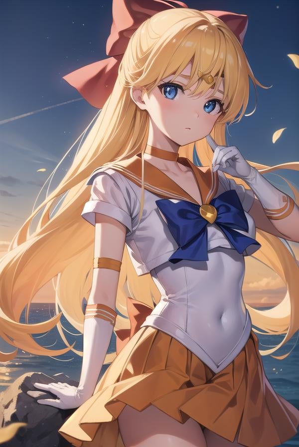 sailorvenus, <lyco:sailorvenus-lyco-nochekaiser:1>,sailor venus, blonde hair, blue eyes, bow, hair bow, half updo, long hair, red bow, tiara,BREAK back bow, choker, elbow gloves, gloves, jewelry, magical girl, orange choker, orange sailor collar, orange skirt, sailor collar, sailor senshi uniform, school uniform, serafuku, skirt, white gloves,BREAK outdoors, night, sky, star \(sky\), moon,BREAK looking at viewer, (cowboy shot:1.5),BREAK <lyco:GoodHands-beta2:1>, (masterpiece:1.2), best quality, high resolution, unity 8k wallpaper, (illustration:0.8), (beautiful detailed eyes:1.6), extremely detailed face, perfect lighting, extremely detailed CG, (perfect hands, perfect anatomy),