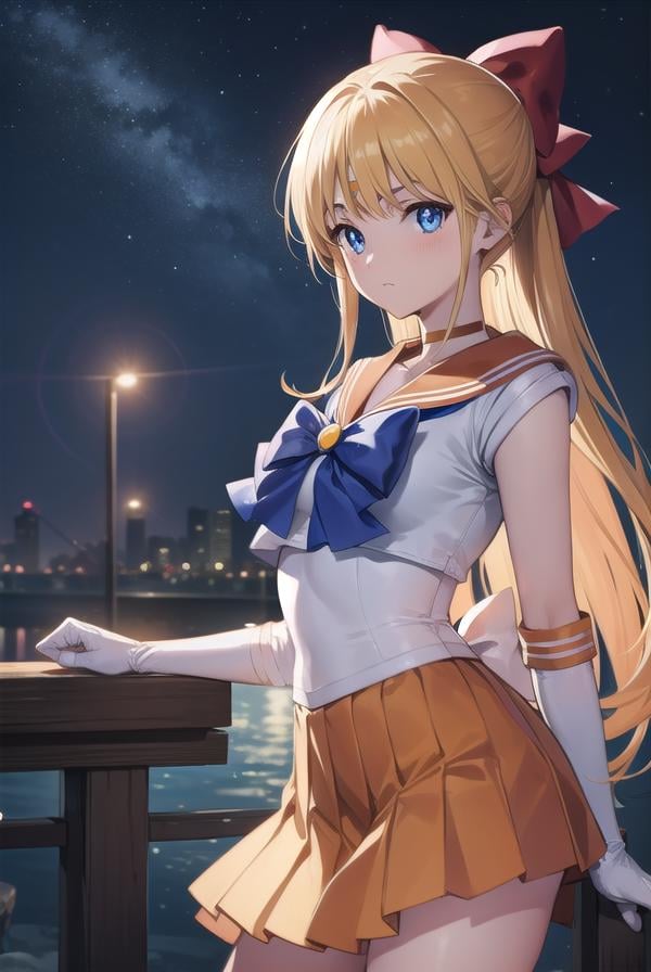 sailorvenus, <lyco:sailorvenus-lyco-nochekaiser:1>,sailor venus, blonde hair, blue eyes, bow, hair bow, half updo, long hair, red bow, tiara,BREAK back bow, choker, elbow gloves, gloves, jewelry, magical girl, orange choker, orange sailor collar, orange skirt, sailor collar, sailor senshi uniform, school uniform, serafuku, skirt, white gloves,BREAK outdoors, night, sky, star \(sky\), moon,BREAK looking at viewer, (cowboy shot:1.5),BREAK <lyco:GoodHands-beta2:1>, (masterpiece:1.2), best quality, high resolution, unity 8k wallpaper, (illustration:0.8), (beautiful detailed eyes:1.6), extremely detailed face, perfect lighting, extremely detailed CG, (perfect hands, perfect anatomy),