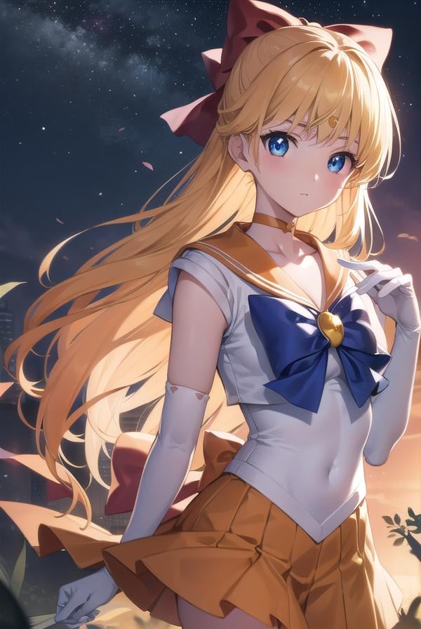 sailorvenus, <lyco:sailorvenus-lyco-nochekaiser:1>,sailor venus, blonde hair, blue eyes, bow, hair bow, half updo, long hair, red bow, tiara,BREAK back bow, choker, elbow gloves, gloves, jewelry, magical girl, orange choker, orange sailor collar, orange skirt, sailor collar, sailor senshi uniform, school uniform, serafuku, skirt, white gloves,BREAK outdoors, night, sky, star \(sky\), moon,BREAK looking at viewer, (cowboy shot:1.5),BREAK <lyco:GoodHands-beta2:1>, (masterpiece:1.2), best quality, high resolution, unity 8k wallpaper, (illustration:0.8), (beautiful detailed eyes:1.6), extremely detailed face, perfect lighting, extremely detailed CG, (perfect hands, perfect anatomy),