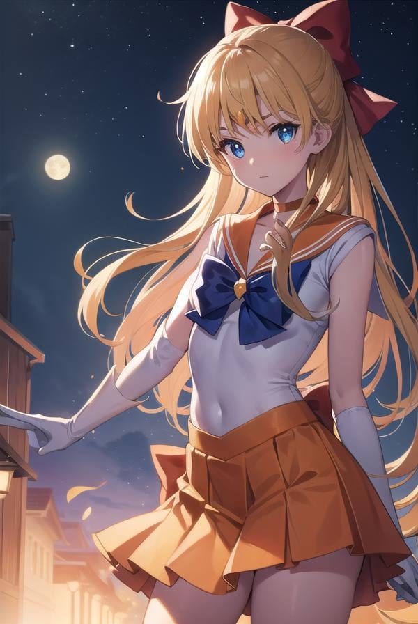 sailorvenus, <lyco:sailorvenus-lyco-nochekaiser:1>,sailor venus, blonde hair, blue eyes, bow, hair bow, half updo, long hair, red bow, tiara,BREAK back bow, choker, elbow gloves, gloves, jewelry, magical girl, orange choker, orange sailor collar, orange skirt, sailor collar, sailor senshi uniform, school uniform, serafuku, skirt, white gloves,BREAK outdoors, night, sky, star \(sky\), moon,BREAK looking at viewer, (cowboy shot:1.5),BREAK <lyco:GoodHands-beta2:1>, (masterpiece:1.2), best quality, high resolution, unity 8k wallpaper, (illustration:0.8), (beautiful detailed eyes:1.6), extremely detailed face, perfect lighting, extremely detailed CG, (perfect hands, perfect anatomy),