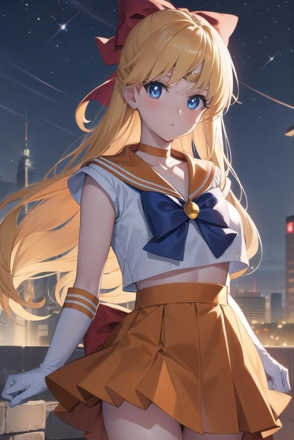 sailorvenus, <lyco:sailorvenus-lyco-nochekaiser:1>,sailor venus, blonde hair, blue eyes, bow, hair bow, half updo, long hair, red bow, tiara,BREAK back bow, choker, elbow gloves, gloves, jewelry, magical girl, orange choker, orange sailor collar, orange skirt, sailor collar, sailor senshi uniform, school uniform, serafuku, skirt, white gloves,BREAK outdoors, night, sky, star \(sky\), moon,BREAK looking at viewer, (cowboy shot:1.5),BREAK <lyco:GoodHands-beta2:1>, (masterpiece:1.2), best quality, high resolution, unity 8k wallpaper, (illustration:0.8), (beautiful detailed eyes:1.6), extremely detailed face, perfect lighting, extremely detailed CG, (perfect hands, perfect anatomy),