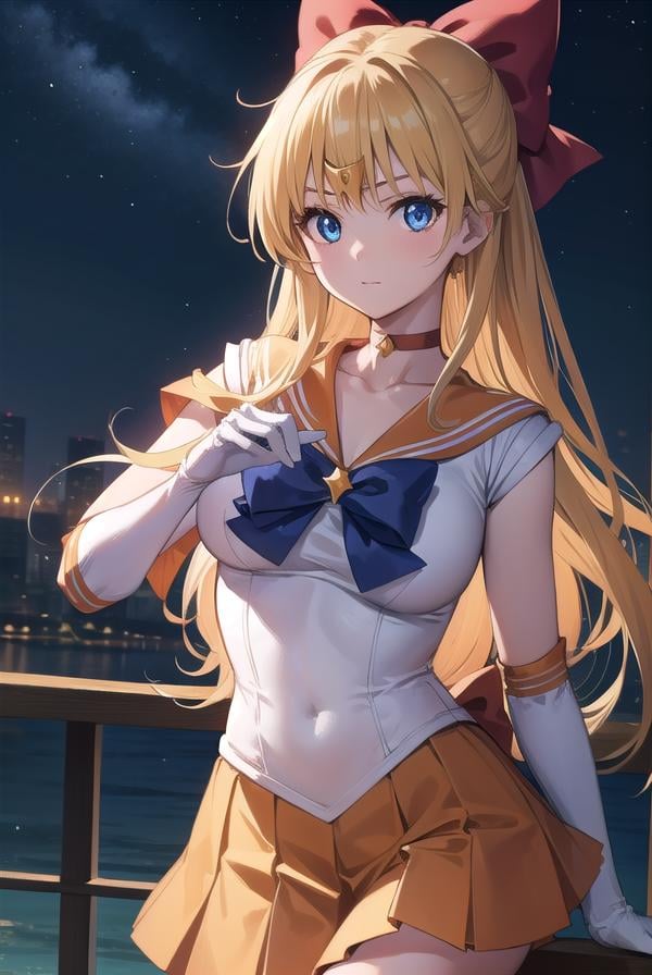 sailorvenus, <lyco:sailorvenus-lyco-nochekaiser:1>,sailor venus, blonde hair, blue eyes, bow, hair bow, half updo, long hair, red bow, tiara,BREAK back bow, choker, elbow gloves, gloves, jewelry, magical girl, orange choker, orange sailor collar, orange skirt, sailor collar, sailor senshi uniform, school uniform, serafuku, skirt, white gloves,BREAK outdoors, night, sky, star \(sky\), moon,BREAK looking at viewer, (cowboy shot:1.5),BREAK <lyco:GoodHands-beta2:1>, (masterpiece:1.2), best quality, high resolution, unity 8k wallpaper, (illustration:0.8), (beautiful detailed eyes:1.6), extremely detailed face, perfect lighting, extremely detailed CG, (perfect hands, perfect anatomy),