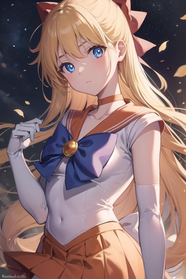 sailorvenus, <lyco:sailorvenus-lyco-nochekaiser:1>,sailor venus, blonde hair, blue eyes, bow, hair bow, half updo, long hair, red bow, tiara,BREAK back bow, choker, elbow gloves, gloves, jewelry, magical girl, orange choker, orange sailor collar, orange skirt, sailor collar, sailor senshi uniform, school uniform, serafuku, skirt, white gloves,BREAK outdoors, night, sky, star \(sky\), moon,BREAK looking at viewer, (cowboy shot:1.5),BREAK <lyco:GoodHands-beta2:1>, (masterpiece:1.2), best quality, high resolution, unity 8k wallpaper, (illustration:0.8), (beautiful detailed eyes:1.6), extremely detailed face, perfect lighting, extremely detailed CG, (perfect hands, perfect anatomy),