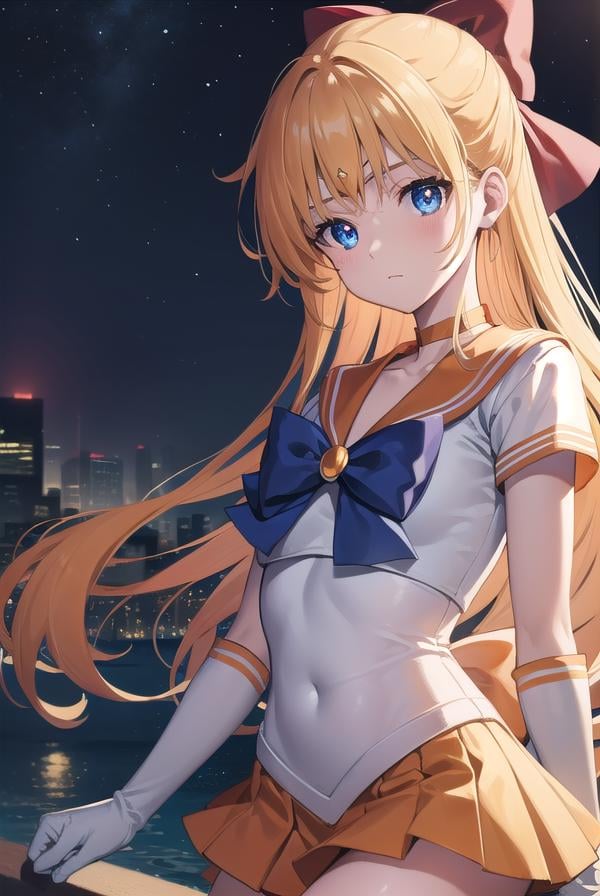 sailorvenus, <lyco:sailorvenus-lyco-nochekaiser:1>,sailor venus, blonde hair, blue eyes, bow, hair bow, half updo, long hair, red bow, tiara,BREAK back bow, choker, elbow gloves, gloves, jewelry, magical girl, orange choker, orange sailor collar, orange skirt, sailor collar, sailor senshi uniform, school uniform, serafuku, skirt, white gloves,BREAK outdoors, night, sky, star \(sky\), moon,BREAK looking at viewer, (cowboy shot:1.5),BREAK <lyco:GoodHands-beta2:1>, (masterpiece:1.2), best quality, high resolution, unity 8k wallpaper, (illustration:0.8), (beautiful detailed eyes:1.6), extremely detailed face, perfect lighting, extremely detailed CG, (perfect hands, perfect anatomy),