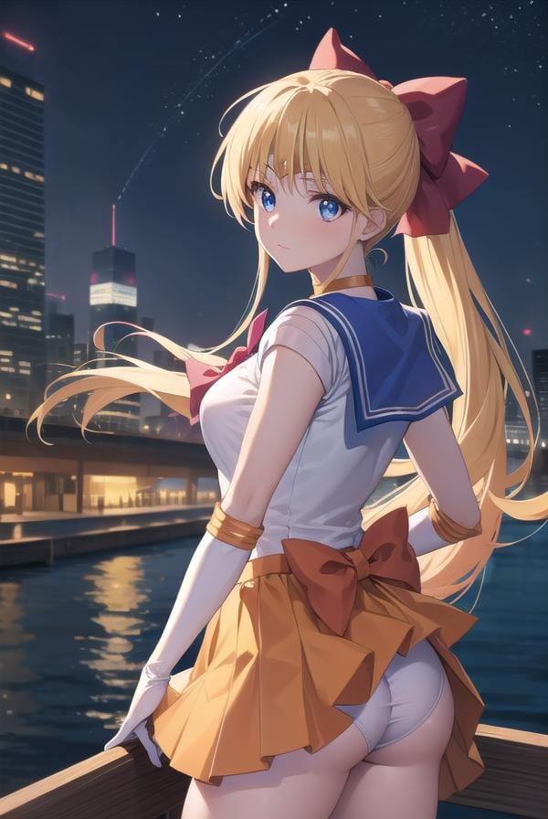 sailorvenus, <lyco:sailorvenus-lyco-nochekaiser:1>,sailor venus, blonde hair, blue eyes, bow, hair bow, half updo, long hair, red bow, tiara,BREAK back bow, choker, elbow gloves, gloves, jewelry, magical girl, orange choker, orange sailor collar, orange skirt, sailor collar, sailor senshi uniform, school uniform, serafuku, skirt, white gloves,BREAK outdoors, night, sky, star \(sky\), moon,BREAK looking at viewer, (cowboy shot:1.5),BREAK <lyco:GoodHands-beta2:1>, (masterpiece:1.2), best quality, high resolution, unity 8k wallpaper, (illustration:0.8), (beautiful detailed eyes:1.6), extremely detailed face, perfect lighting, extremely detailed CG, (perfect hands, perfect anatomy),