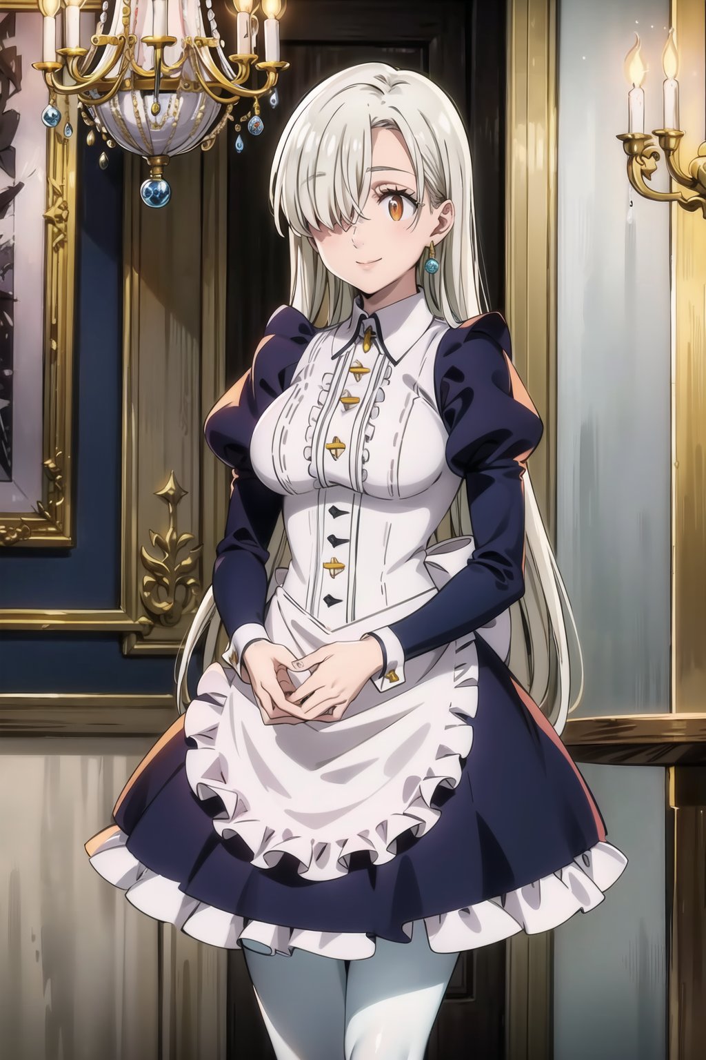 ((best quality)), ((highly detailed)), masterpiece, ((official art)), elizabeth, long hair, white hair, long hair, hair over one eye, single earring, seductive smile, royal indoors, indoors, palace, chandelier, maid, juliet sleeves, long sleeves, pantyhose, frills puffy sleeves, apron, waist apron, white apron, maid apron, white pantyhose, frilled apron, intricately detailed, hyperdetailed, blurry background, depth of field, best quality, masterpiece, intricate details, tonemapping, sharp focus, hyper detailed, trending on Artstation, 1 girl, high res, official art