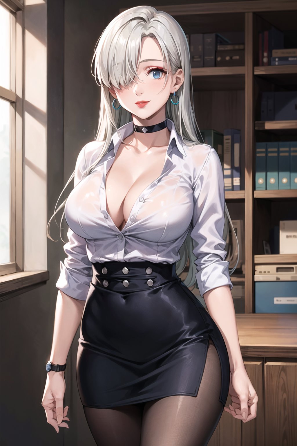 ((best quality)), ((highly detailed)), masterpiece, ((official art)), (elizabeth, long hair, blue eyes, white hair, hair over one eye, long hair, single earring), (office:1.3), (window, indoors, plant), (seductive smile), (red lips),(makeup:1.2),(black choker:1.2),(hoop earrings), (high-waist skirt:1.2), (black skirt), (collarbone, cleavage) , (lips:1.2), (narrow_waist:1.2) , wristwatch, skirt, solo, (cowboy shot:1.2), standing, pencil skirt,(seductive pose:1.2) collared shirt, (office lady), (white shirt:1.2), (formal:1.1), shirt tucked in, (skirt suit), black pantyhose, dress shirt, intricately detailed, hyperdetailed, blurry background, depth of field, best quality, masterpiece, intricate details, tonemapping, sharp focus, hyper detailed, trending on Artstation, 1 girl, high res, official art