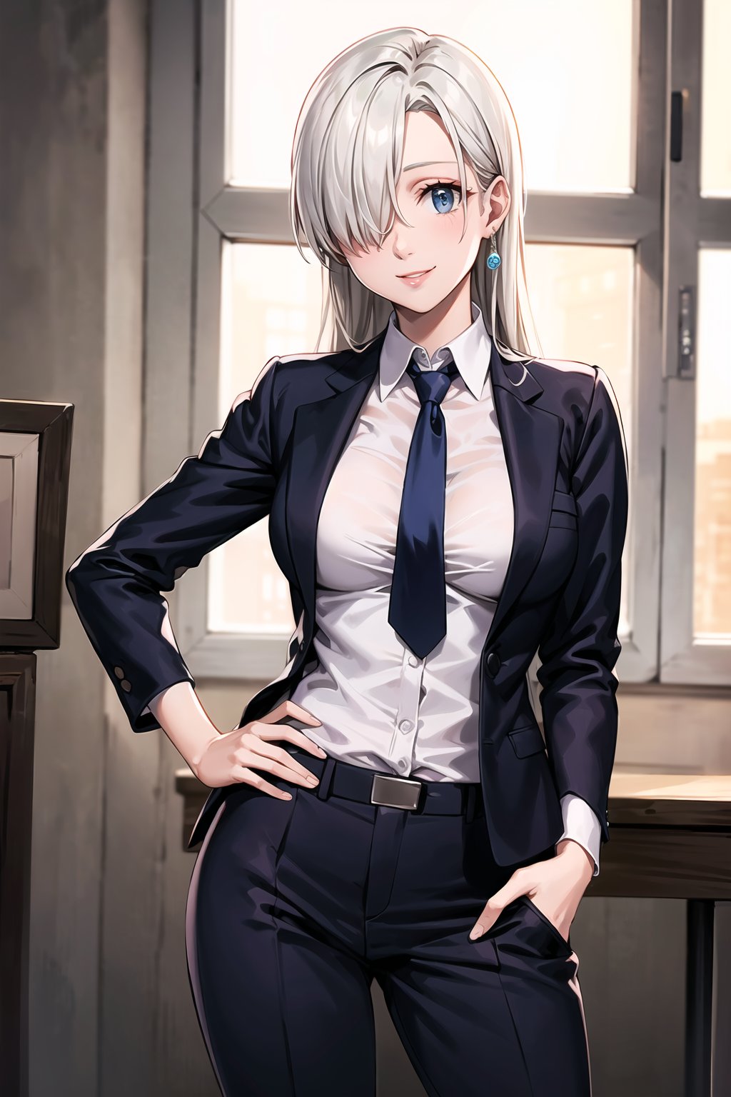 (best quality), (highly detailed), masterpiece, (official art),  elizabeth, long hair, blue eyes, white hair, hair over one eye, long hair, single earring, lips, smile, necktie,pose, hand on hip, black jacket,(black suit), open suit,  open jacket,long sleeves, shirt tucked in,looking at viewer, shirt, black necktie, white shirt, medium breasts,window, formal, office lady,pants, black pants, business suit, suit,  (intricately detailed, hyperdetailed), blurry background,depth of field, best quality, masterpiece, intricate details, tonemapping, sharp focus, hyper detailed, trending on Artstation,1 girl, solo,high res,official art,elizabeth