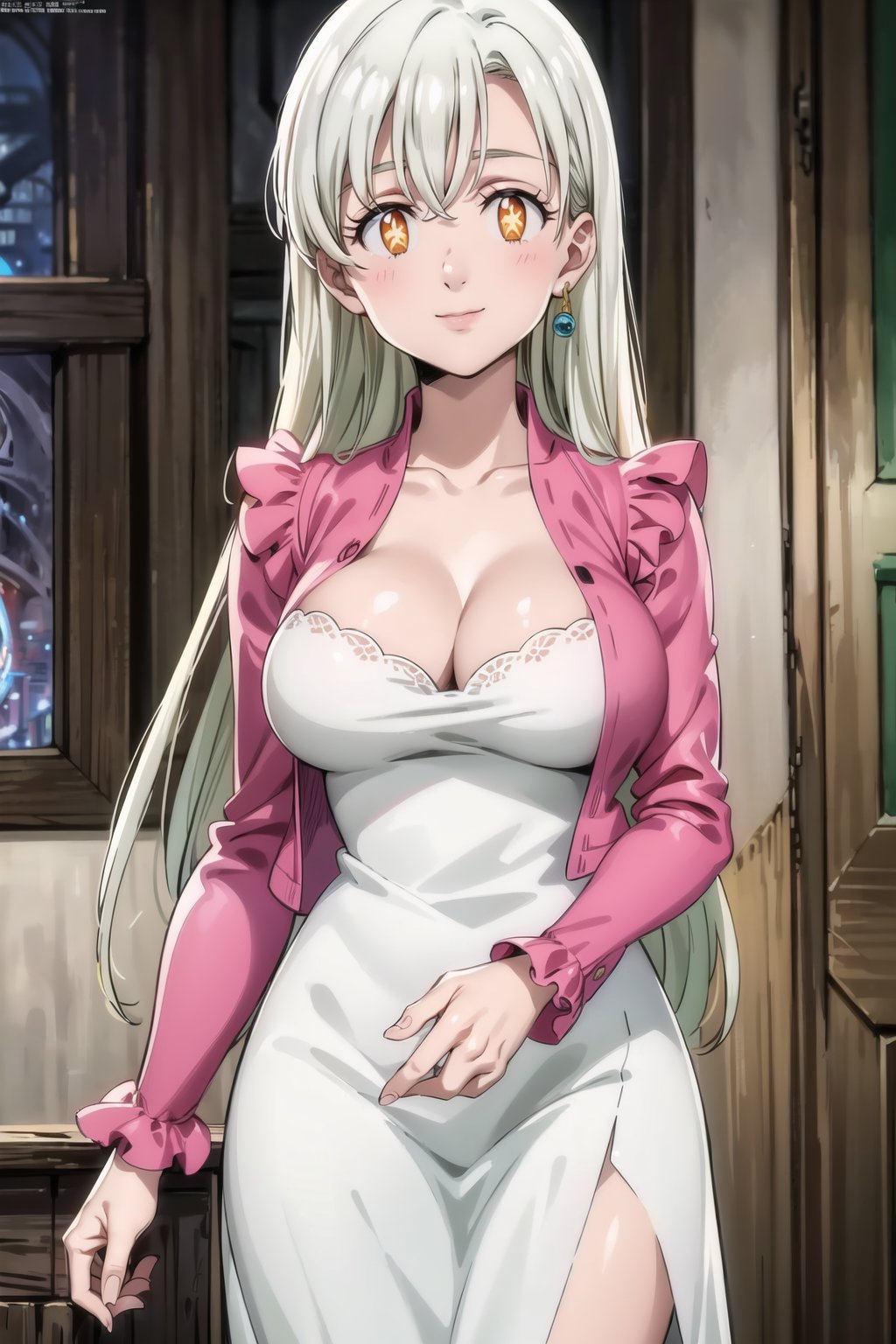 ((best quality)), ((highly detailed)), masterpiece, ((official art)), elizabeth, long hair, white hair, long hair, single earring, seductive smile, indoors, scenery, large breasts,long sleeves, pink jacket, cleavage, white dress, +_+, symbol-shaped pupils, intricately detailed, hyperdetailed, blurry background, depth of field, best quality, masterpiece, intricate details, tonemapping, sharp focus, hyper detailed, trending on Artstation, 1 girl, high res, official art 