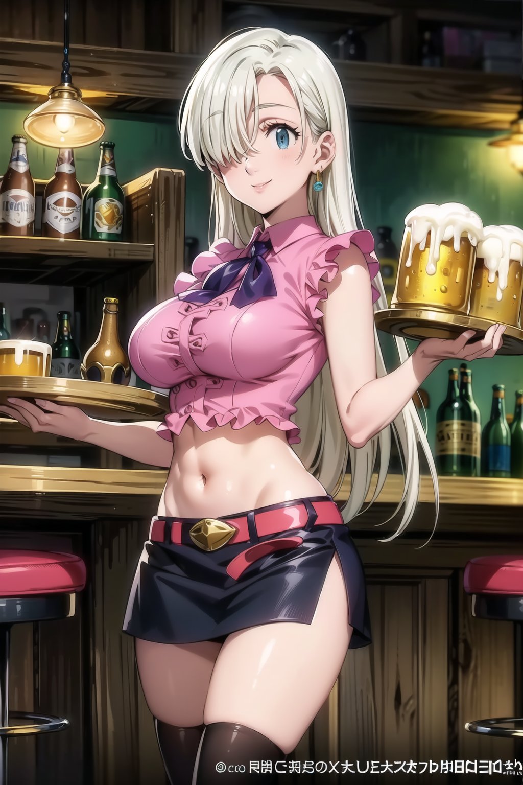 ((best quality)), ((highly detailed)), masterpiece, ((official art)), elizabeth, long hair, blue eyes, white hair, hair over one eye, long hair, single earring, seductive smile, bar, indoors holding tray, beer, beer mug, table, chair, large breasts, pink shirt, navel, belt, (black skirt), miniskirt, (single thighhigh), intricately detailed, hyperdetailed, blurry background, depth of field, best quality, masterpiece, intricate details, tonemapping, sharp focus, hyper detailed, trending on Artstation, 1 girl, high res, official art 