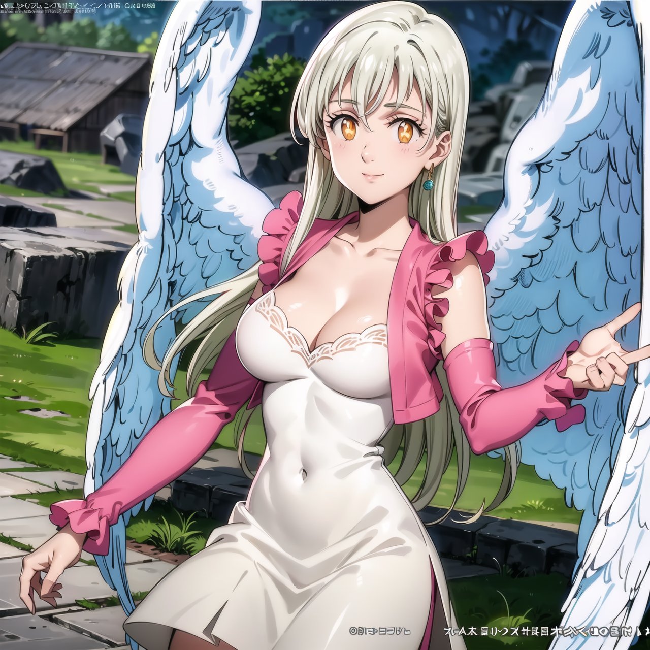 ((best quality)), ((highly detailed)), masterpiece, ((official art)), elizabeth, long hair, white hair, long hair, single earring, seductive smile, outdoor,sky, scenery, large breasts,long sleeves, (pink jacket), cleavage, collarbone, (white dress), +_+, symbol-shaped pupils, wings, feathered wings, angel wings, white wings, intricately detailed, hyperdetailed, blurry background, depth of field, best quality, masterpiece, intricate details, tonemapping, sharp focus, hyper detailed, trending on Artstation, 1 girl, high res, official art 