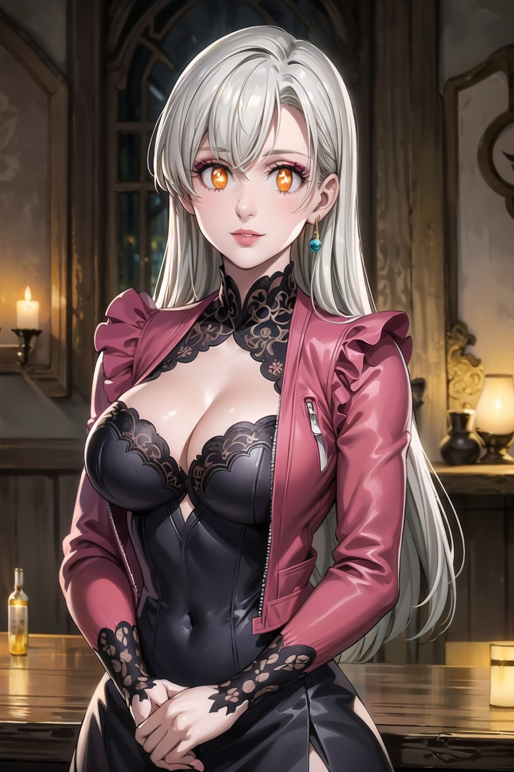 ((best quality)), ((highly detailed)), masterpiece, ((official art)), elizabeth, long hair, white hair, long hair, hoop earring, seductive smile, (lips:1.2),(makeup:1.3),indoors, scenery, ballroom, (party),large breasts,long sleeves, ((red jacket:1.2)), cleavage, (black dress:1.2), glowing eyes,+_+, symbol-shaped pupils, intricately detailed, hyperdetailed, blurry background, depth of field, best quality, masterpiece, intricate details, tonemapping, sharp focus, hyper detailed, trending on Artstation, 1 girl, high res, official art 