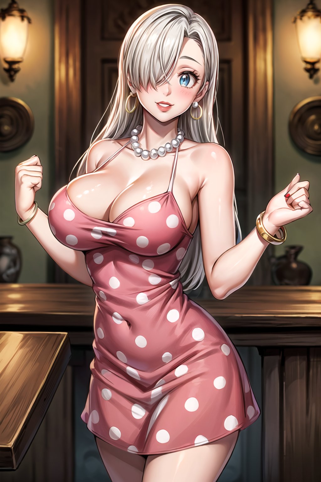 (best quality), (highly detailed), masterpiece, (official art), elizabeth, long hair, white hair, hair over one eye, long hair, single earring,(Stepford),lips, makeup, lipstick,red lips,smile, (pose),(polka dot:1.4), (polka dot dress:1.4),(pearl necklace:1.2), pearl bracelet, bare shoulders,(red dress:1.2),(aroused), nose blush ,standing, big breasts, (large pearl necklace), (hoop earrings:1.2), (intricately detailed, hyperdetailed), blurry background,depth of field, best quality, masterpiece, intricate details, tonemapping, sharp focus, hyper detailed, trending on Artstation,1 girl, high res,facing viewer, official art,elizabeth