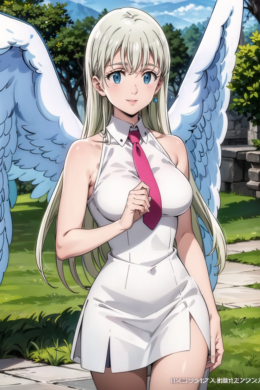 ((best quality)), ((highly detailed)), masterpiece, ((official art)), elizabeth, long hair, blue eyes, white hair, long hair, seductive smile, outdoor, sceney, dress, bare shoulders,  outdoors, wings, necktie, sleeveless, cloud, white dress, tree, sleeveless dress, short dress, feathered wings, angel wings, white wings, angel, , intricately detailed, hyperdetailed, blurry background, depth of field, best quality, masterpiece, intricate details, tonemapping, sharp focus, hyper detailed, trending on Artstation, 1 girl, high res, official art


