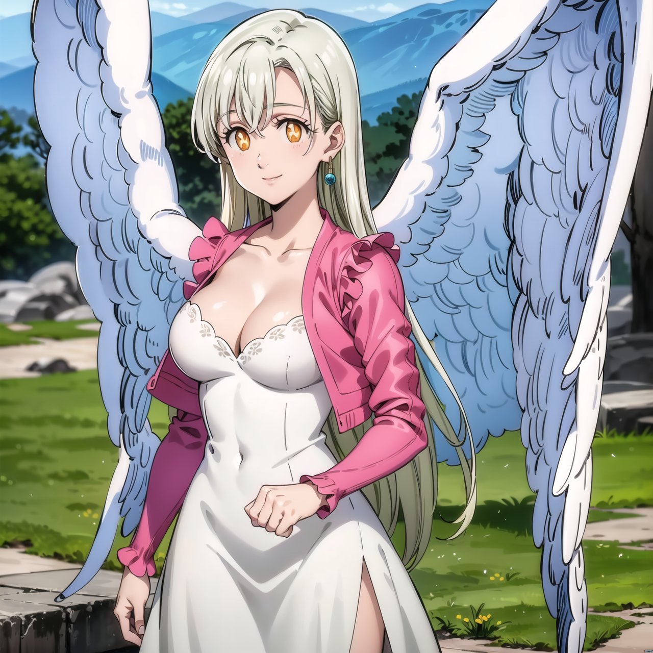 ((best quality)), ((highly detailed)), masterpiece, ((official art)), elizabeth, long hair, white hair, long hair, single earring, seductive smile, outdoor,sky, scenery, large breasts,long sleeves, (pink jacket), cleavage, collarbone, (white dress), +_+, symbol-shaped pupils, wings, feathered wings, angel wings, white wings, intricately detailed, hyperdetailed, blurry background, depth of field, best quality, masterpiece, intricate details, tonemapping, sharp focus, hyper detailed, trending on Artstation, 1 girl, high res, official art 