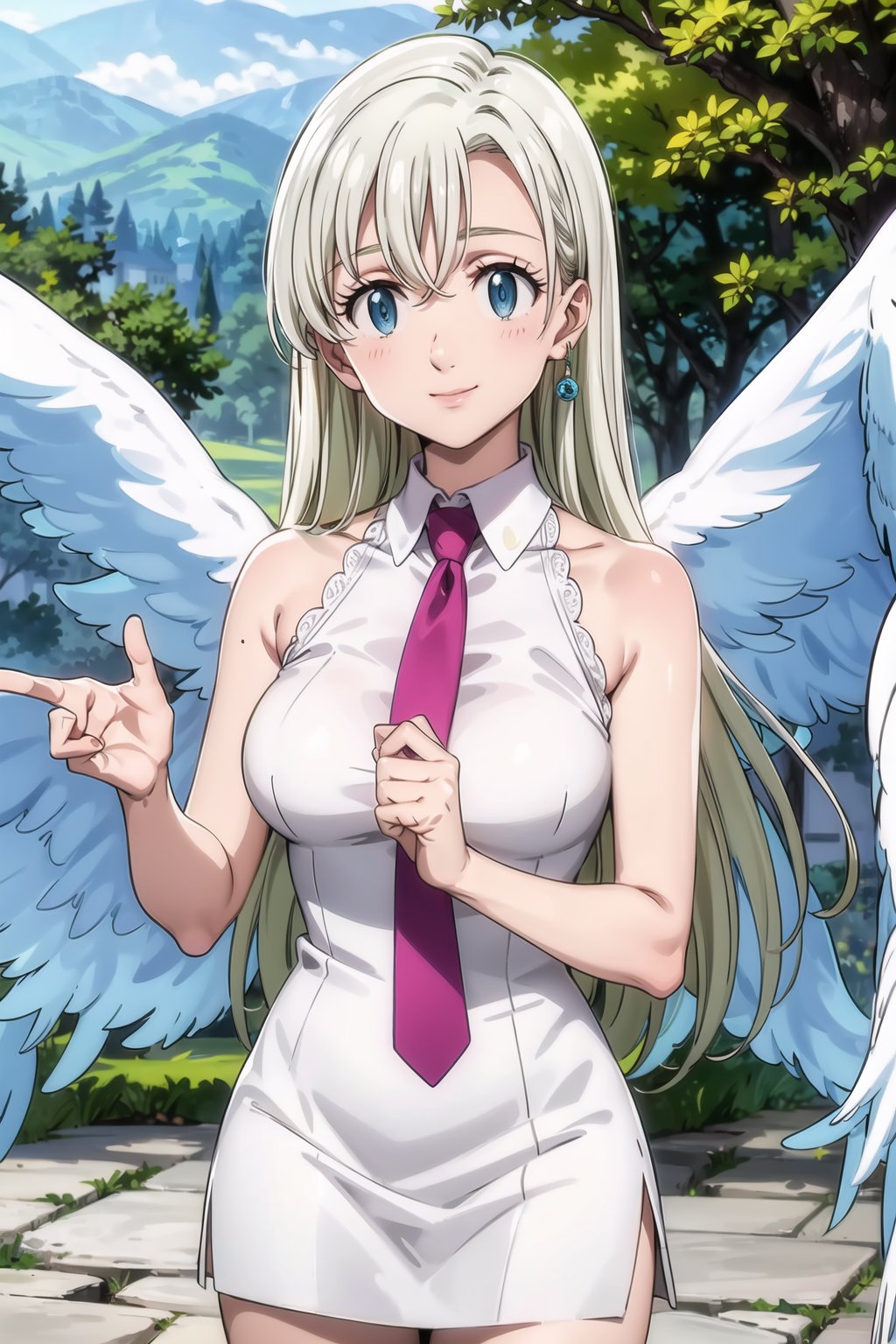 ((best quality)), ((highly detailed)), masterpiece, ((official art)), elizabeth, long hair, blue eyes, white hair, long hair, seductive smile, outdoor, sceney, dress, bare shoulders,  outdoors, wings, necktie, sleeveless, cloud, white dress, tree, sleeveless dress, short dress, feathered wings, angel wings, white wings, angel, , intricately detailed, hyperdetailed, blurry background, depth of field, best quality, masterpiece, intricate details, tonemapping, sharp focus, hyper detailed, trending on Artstation, 1 girl, high res, official art


