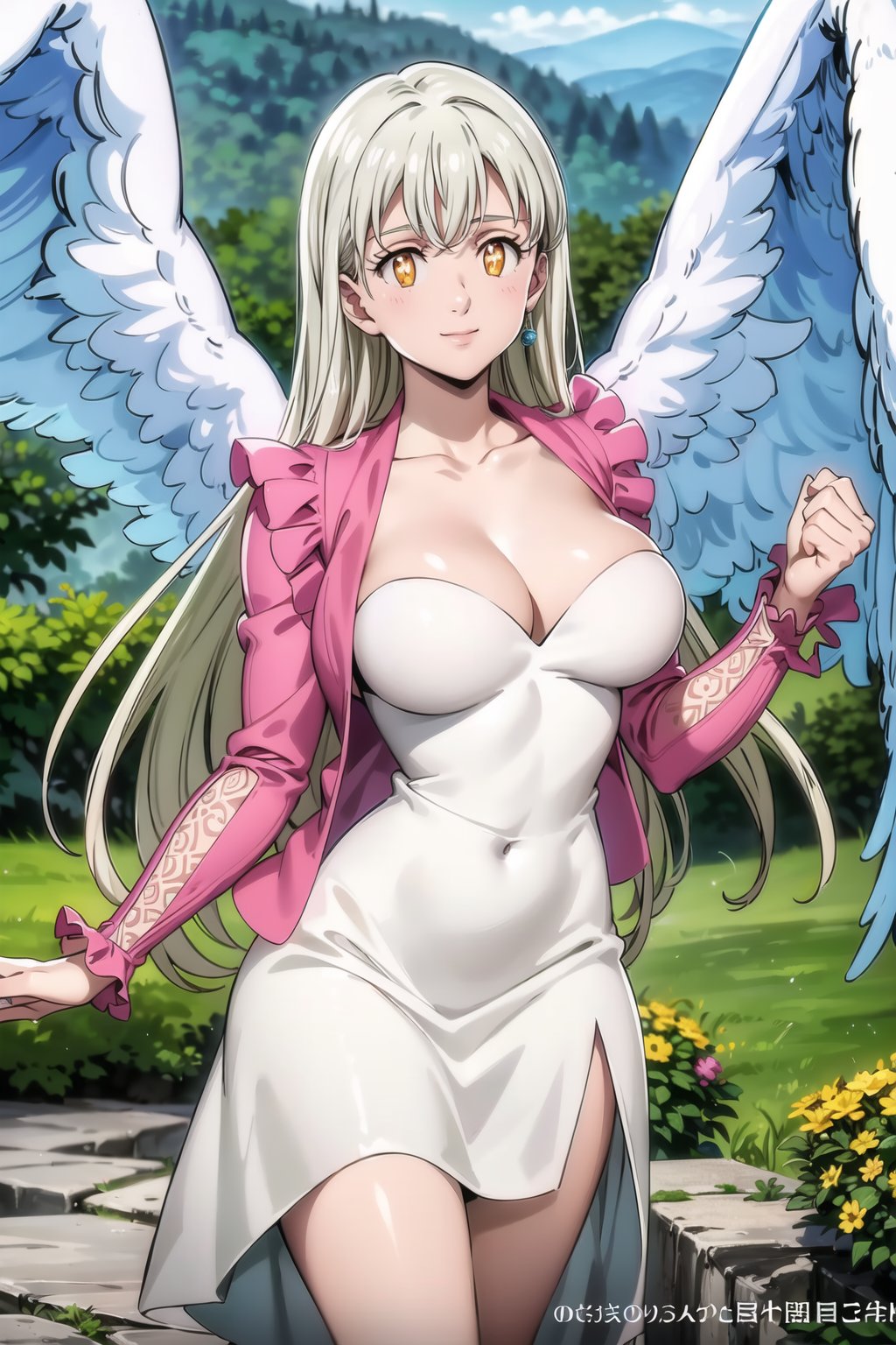 ((best quality)), ((highly detailed)), masterpiece, ((official art)), elizabeth, long hair, white hair, long hair, single earring, seductive smile, outdoor,sky, scenery, large breasts,long sleeves, pink jacket, cleavage, white dress, +_+, symbol-shaped pupils, wings, feathered wings, angel wings, white wings, intricately detailed, hyperdetailed, blurry background, depth of field, best quality, masterpiece, intricate details, tonemapping, sharp focus, hyper detailed, trending on Artstation, 1 girl, high res, official art 