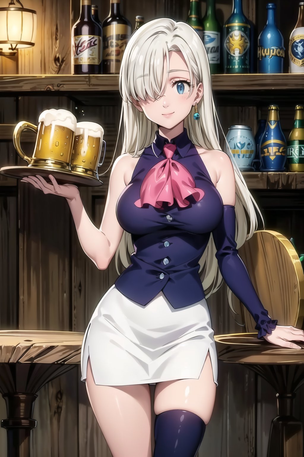 ((best quality)), ((highly detailed)), masterpiece, ((official art)), elizabeth, long hair, blue eyes, white hair, hair over one eye, long hair, single earring, seductive smile, bar, indoors, holding tray, beer, beer mug, table, chair, large breasts, blue shirt, white skirt, pencil skirt, detached sleeves, bare shoulders, ascot, single thighhigh, asymmetrical legwear, uneven legwear, asymmetrical sleeves, intricately detailed, hyperdetailed, blurry background, depth of field, best quality, masterpiece, intricate details, tonemapping, sharp focus, hyper detailed, trending on Artstation, 1 girl, high res, official art