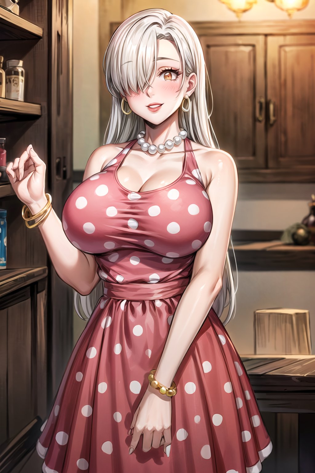 (best quality), (highly detailed), masterpiece, (official art), elizabeth, long hair, white hair, hair over one eye, long hair, single earring,(Stepford),lips, makeup, lipstick,red lips,smile, (pose),(polka dot:1.4), (polka dot dress:1.4),(pearl necklace:1.2), pearl bracelet, bare shoulders,(red dress:1.2),(aroused), nose blush ,standing, big breasts, (large pearl necklace), (hoop earrings:1.2), (intricately detailed, hyperdetailed), blurry background,depth of field, best quality, masterpiece, intricate details, tonemapping, sharp focus, hyper detailed, trending on Artstation,1 girl, high res,facing viewer, official art,elizabeth