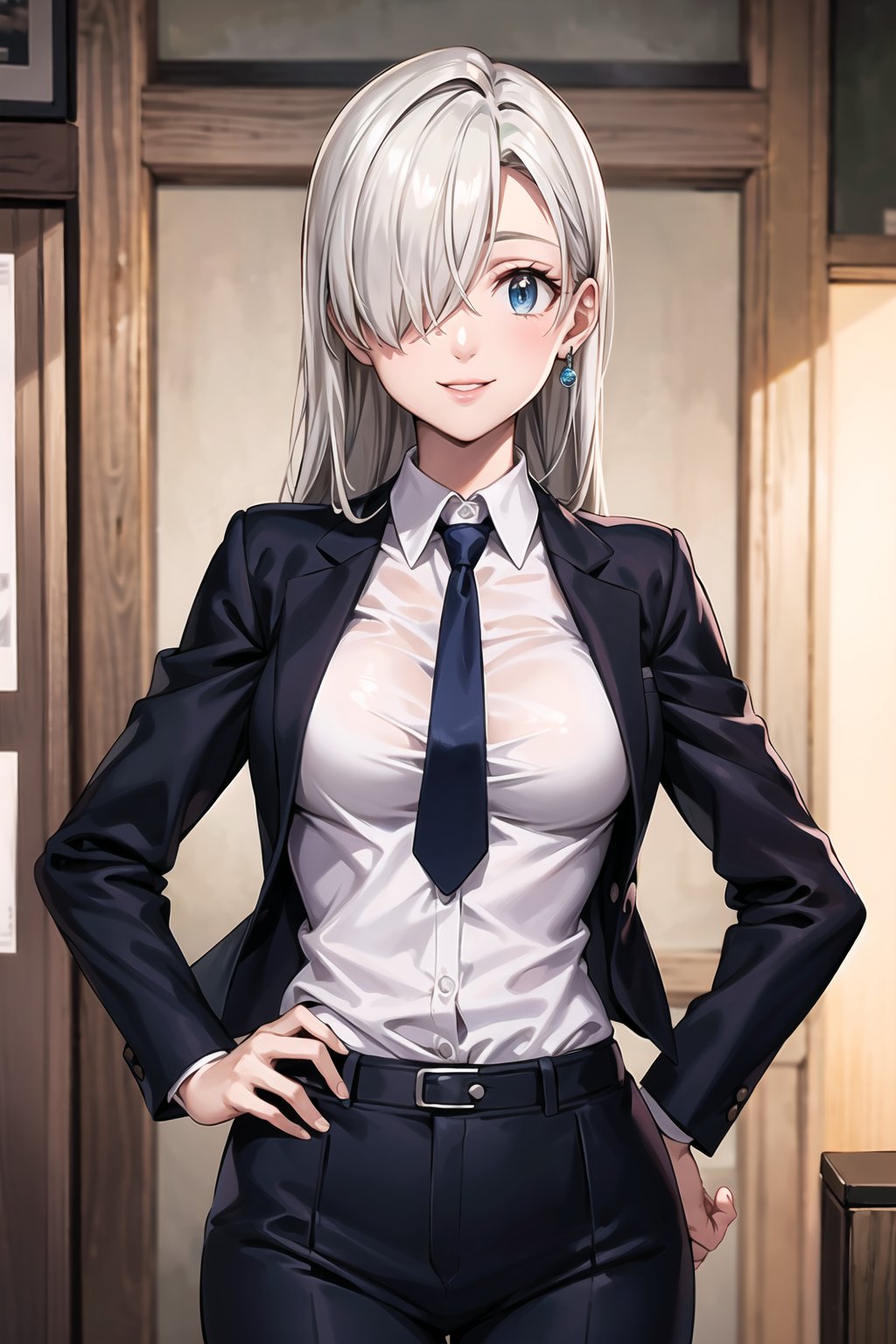 (best quality), (highly detailed), masterpiece, (official art),  elizabeth, long hair, blue eyes, white hair, hair over one eye, long hair, single earring, lips, smile, necktie,pose, hand on hip, black jacket,(black suit), open suit,  open jacket,long sleeves, shirt tucked in,looking at viewer, shirt, black necktie, white shirt, medium breasts,window, formal, office lady,pants, black pants, business suit, suit,  (intricately detailed, hyperdetailed), blurry background,depth of field, best quality, masterpiece, intricate details, tonemapping, sharp focus, hyper detailed, trending on Artstation,1 girl, solo,high res,official art,elizabeth