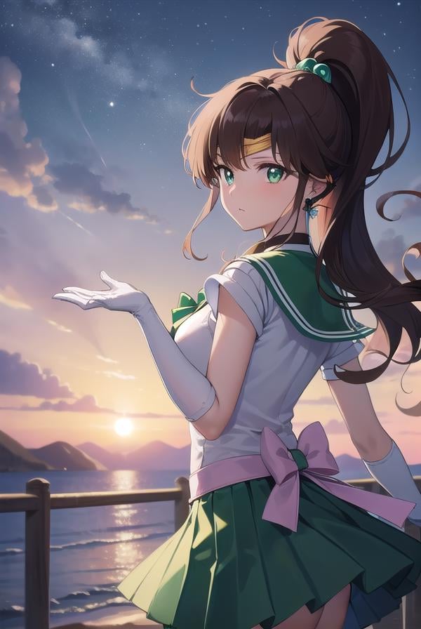 sailorjupiter, <lyco:sailorjupiter-lyco-nochekaiser:1>,sailor jupiter, brown hair, circlet, (green eyes:1.5), hair bobbles, hair ornament, medium hair, ponytail, sidelocks, (parted bangs:1.5),BREAK back bow, bow, bowtie, brooch, choker, earrings, elbow gloves, flower earrings, gem, gloves, green choker, green gemstone, green sailor collar, green skirt, jewelry, miniskirt, pink bow, pink bowtie, pleated skirt, sailor collar, shirt, short sleeves, sidelocks, skirt, white gloves, white shirt,BREAK outdoors, night, sky, star \(sky\), moon,BREAK looking at viewer, (cowboy shot:1.5),BREAK <lyco:GoodHands-beta2:1>, (masterpiece:1.2), best quality, high resolution, unity 8k wallpaper, (illustration:0.8), (beautiful detailed eyes:1.6), extremely detailed face, perfect lighting, extremely detailed CG, (perfect hands, perfect anatomy),