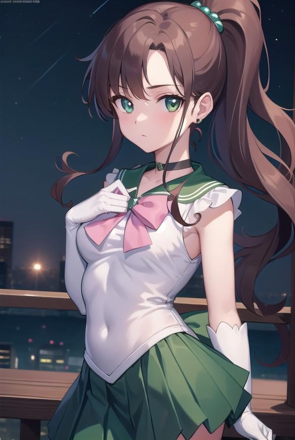 sailorjupiter, <lyco:sailorjupiter-lyco-nochekaiser:1>,sailor jupiter, brown hair, circlet, (green eyes:1.5), hair bobbles, hair ornament, medium hair, ponytail, sidelocks, (parted bangs:1.5),BREAK back bow, bow, bowtie, brooch, choker, earrings, elbow gloves, flower earrings, gem, gloves, green choker, green gemstone, green sailor collar, green skirt, jewelry, miniskirt, pink bow, pink bowtie, pleated skirt, sailor collar, shirt, short sleeves, sidelocks, skirt, white gloves, white shirt,BREAK outdoors, night, sky, star \(sky\), moon,BREAK looking at viewer, (cowboy shot:1.5),BREAK <lyco:GoodHands-beta2:1>, (masterpiece:1.2), best quality, high resolution, unity 8k wallpaper, (illustration:0.8), (beautiful detailed eyes:1.6), extremely detailed face, perfect lighting, extremely detailed CG, (perfect hands, perfect anatomy),