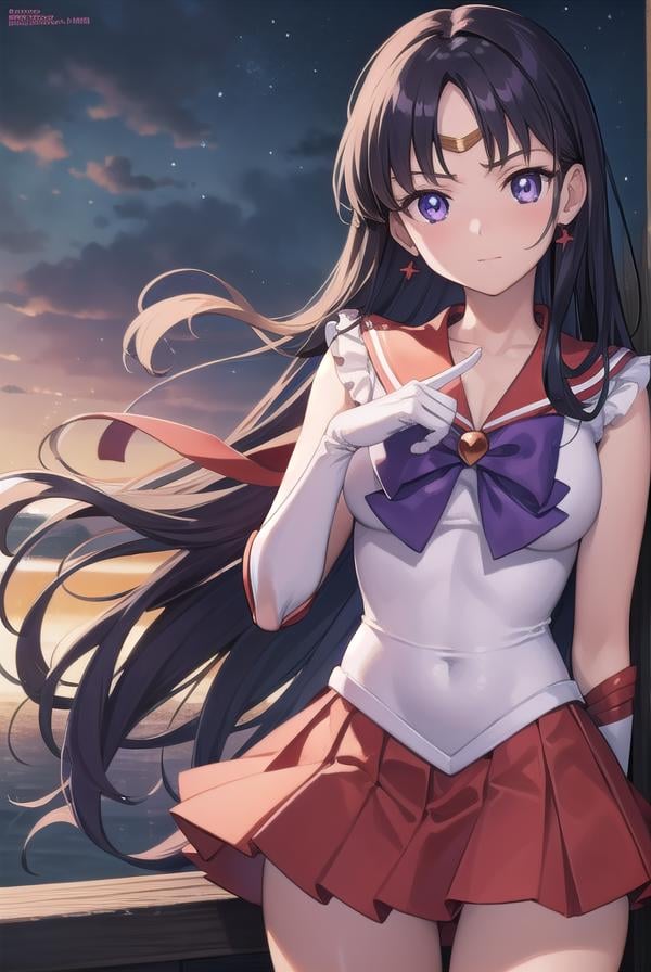 sailormars, <lyco:sailormars-lyco-nochekaiser:1>,sailor mars, black hair, diadem, long hair, (purple eyes:1.1), (parted bangs:1.5),BREAK gloves, high heels, magical girl, microskirt, pleated skirt, red footwear, red skirt, sailor senshi uniform, shoes, skirt, white gloves, bow, purple bow, sailor collar, red sailor collar,BREAK outdoors, night, sky, star \(sky\), moon,BREAK looking at viewer, (cowboy shot:1.5),BREAK <lyco:GoodHands-beta2:1>, (masterpiece:1.2), best quality, high resolution, unity 8k wallpaper, (illustration:0.8), (beautiful detailed eyes:1.6), extremely detailed face, perfect lighting, extremely detailed CG, (perfect hands, perfect anatomy),