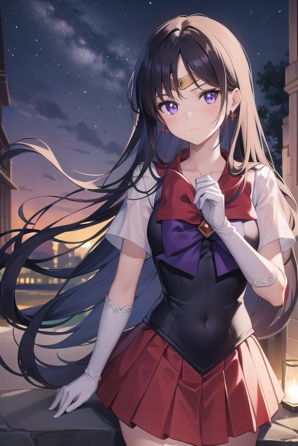 sailormars, <lyco:sailormars-lyco-nochekaiser:1>,sailor mars, black hair, diadem, long hair, (purple eyes:1.1), (parted bangs:1.5),BREAK gloves, high heels, magical girl, microskirt, pleated skirt, red footwear, red skirt, sailor senshi uniform, shoes, skirt, white gloves, bow, purple bow, sailor collar, red sailor collar,BREAK outdoors, night, sky, star \(sky\), moon,BREAK looking at viewer, (cowboy shot:1.5),BREAK <lyco:GoodHands-beta2:1>, (masterpiece:1.2), best quality, high resolution, unity 8k wallpaper, (illustration:0.8), (beautiful detailed eyes:1.6), extremely detailed face, perfect lighting, extremely detailed CG, (perfect hands, perfect anatomy),