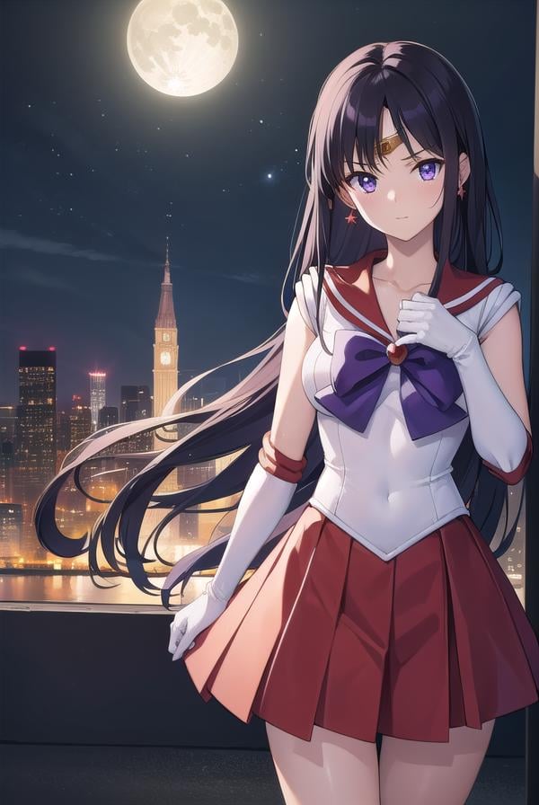 sailormars, <lyco:sailormars-lyco-nochekaiser:1>,sailor mars, black hair, diadem, long hair, (purple eyes:1.1), (parted bangs:1.5),BREAK gloves, high heels, magical girl, microskirt, pleated skirt, red footwear, red skirt, sailor senshi uniform, shoes, skirt, white gloves, bow, purple bow, sailor collar, red sailor collar,BREAK outdoors, night, sky, star \(sky\), moon,BREAK looking at viewer, (cowboy shot:1.5),BREAK <lyco:GoodHands-beta2:1>, (masterpiece:1.2), best quality, high resolution, unity 8k wallpaper, (illustration:0.8), (beautiful detailed eyes:1.6), extremely detailed face, perfect lighting, extremely detailed CG, (perfect hands, perfect anatomy),