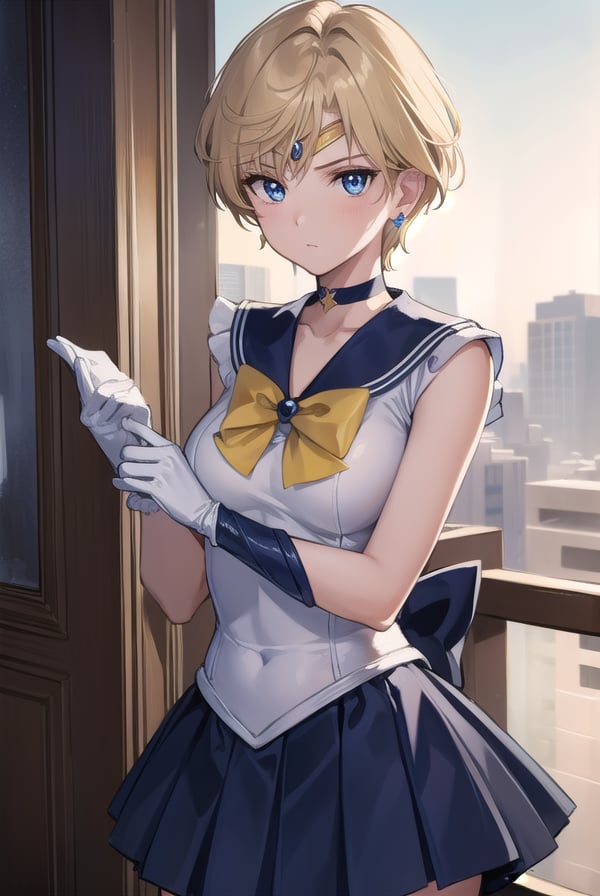 sailoruranus, <lyco:sailoruranus-lyco-nochekaiser:1>,sailor uranus, blonde hair, blue eyes, (parted bangs:1.5), short hair, very short hair,BREAK back bow, blue bow, blue choker, blue gemstone, blue sailor collar, blue skirt, bow, bowtie, choker, circlet, earrings, elbow gloves, gem, gloves, jewelry, miniskirt, pleated skirt, sailor collar, shirt, short sleeves, skirt, white gloves, white shirt, yellow bow, yellow bowtie,BREAK outdoors, city,BREAK looking at viewer, (cowboy shot:1.5),BREAK <lyco:GoodHands-beta2:1>, (masterpiece:1.2), best quality, high resolution, unity 8k wallpaper, (illustration:0.8), (beautiful detailed eyes:1.6), extremely detailed face, perfect lighting, extremely detailed CG, (perfect hands, perfect anatomy),