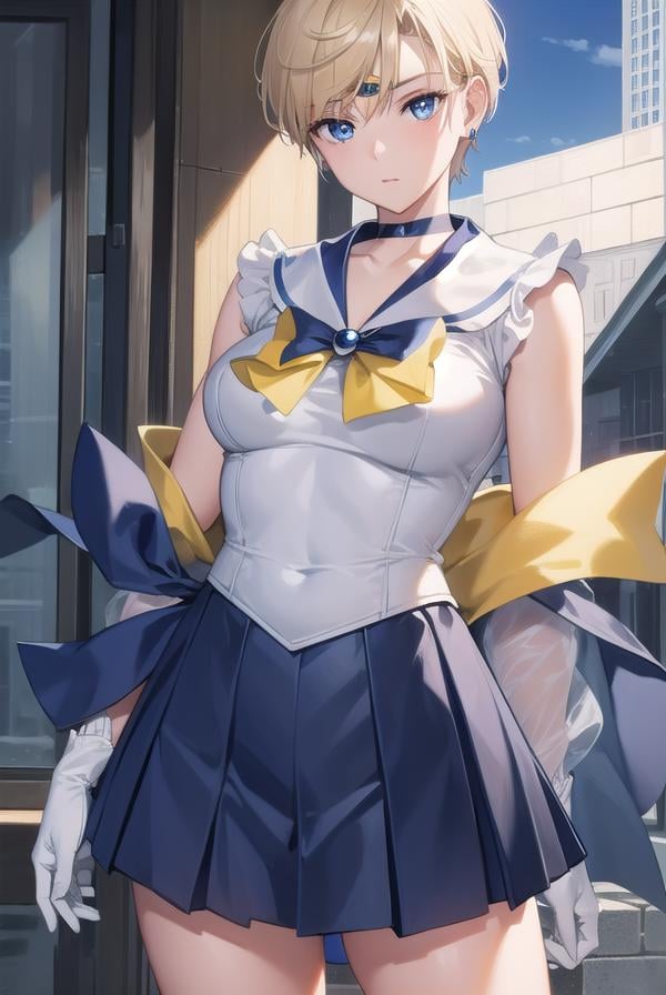 sailoruranus, <lyco:sailoruranus-lyco-nochekaiser:1>,sailor uranus, blonde hair, blue eyes, (parted bangs:1.5), short hair, very short hair,BREAK back bow, blue bow, blue choker, blue gemstone, blue sailor collar, blue skirt, bow, bowtie, choker, circlet, earrings, elbow gloves, gem, gloves, jewelry, miniskirt, pleated skirt, sailor collar, shirt, short sleeves, skirt, white gloves, white shirt, yellow bow, yellow bowtie,BREAK outdoors, city,BREAK looking at viewer, (cowboy shot:1.5),BREAK <lyco:GoodHands-beta2:1>, (masterpiece:1.2), best quality, high resolution, unity 8k wallpaper, (illustration:0.8), (beautiful detailed eyes:1.6), extremely detailed face, perfect lighting, extremely detailed CG, (perfect hands, perfect anatomy),