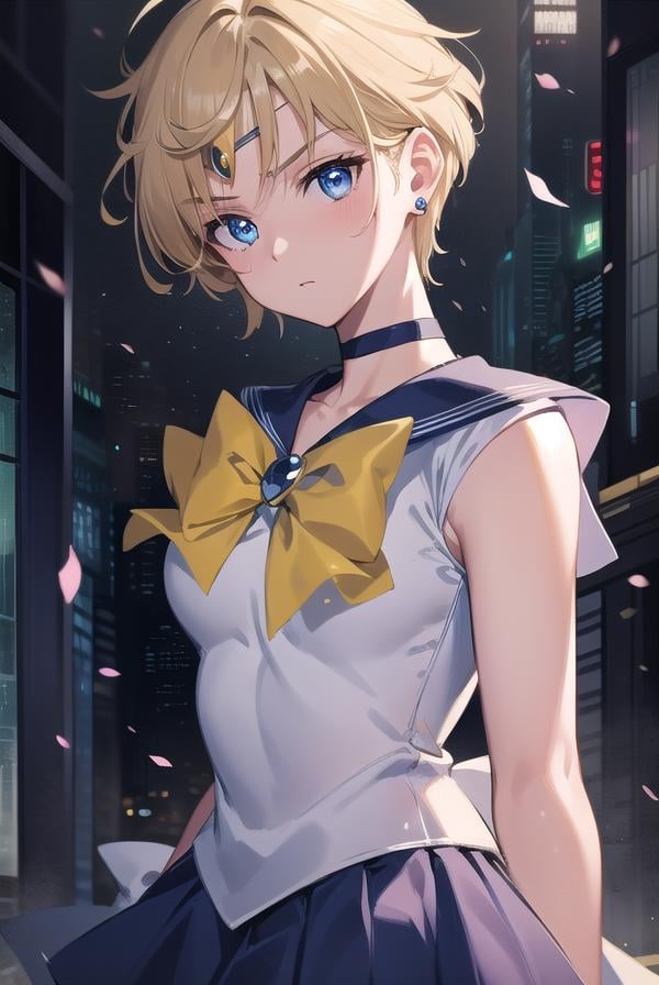 sailoruranus, <lyco:sailoruranus-lyco-nochekaiser:1>,sailor uranus, blonde hair, blue eyes, (parted bangs:1.5), short hair, very short hair,BREAK back bow, blue bow, blue choker, blue gemstone, blue sailor collar, blue skirt, bow, bowtie, choker, circlet, earrings, elbow gloves, gem, gloves, jewelry, miniskirt, pleated skirt, sailor collar, shirt, short sleeves, skirt, white gloves, white shirt, yellow bow, yellow bowtie,BREAK outdoors, city,BREAK looking at viewer, (cowboy shot:1.5),BREAK <lyco:GoodHands-beta2:1>, (masterpiece:1.2), best quality, high resolution, unity 8k wallpaper, (illustration:0.8), (beautiful detailed eyes:1.6), extremely detailed face, perfect lighting, extremely detailed CG, (perfect hands, perfect anatomy),