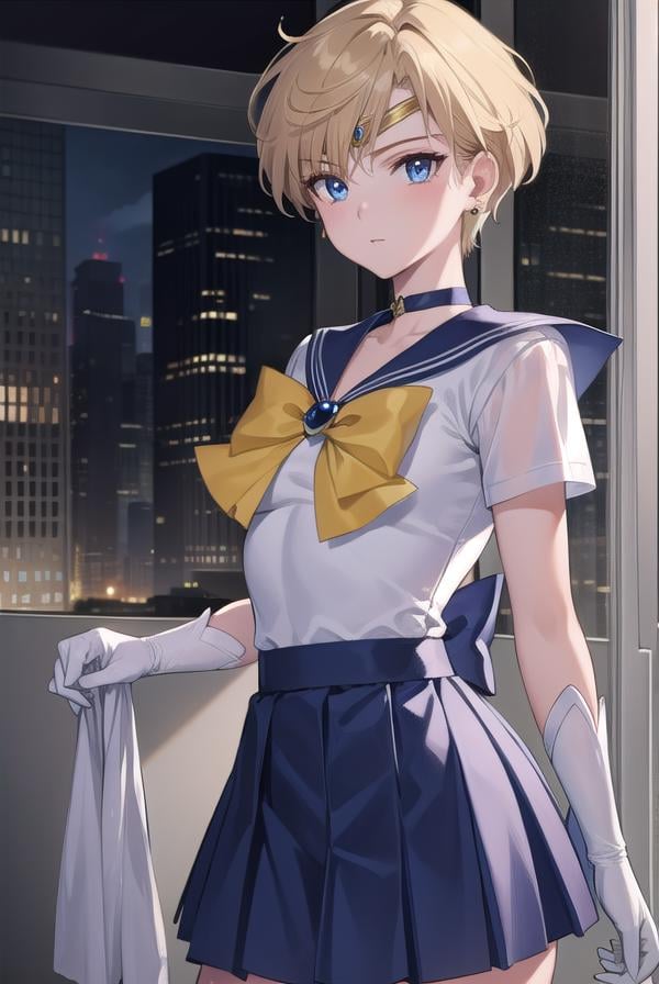 sailoruranus, <lyco:sailoruranus-lyco-nochekaiser:1>,sailor uranus, blonde hair, blue eyes, (parted bangs:1.5), short hair, very short hair,BREAK back bow, blue bow, blue choker, blue gemstone, blue sailor collar, blue skirt, bow, bowtie, choker, circlet, earrings, elbow gloves, gem, gloves, jewelry, miniskirt, pleated skirt, sailor collar, shirt, short sleeves, skirt, white gloves, white shirt, yellow bow, yellow bowtie,BREAK outdoors, city,BREAK looking at viewer, (cowboy shot:1.5),BREAK <lyco:GoodHands-beta2:1>, (masterpiece:1.2), best quality, high resolution, unity 8k wallpaper, (illustration:0.8), (beautiful detailed eyes:1.6), extremely detailed face, perfect lighting, extremely detailed CG, (perfect hands, perfect anatomy),