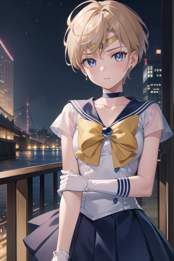 sailoruranus, <lyco:sailoruranus-lyco-nochekaiser:1>,sailor uranus, blonde hair, blue eyes, (parted bangs:1.5), short hair, very short hair,BREAK back bow, blue bow, blue choker, blue gemstone, blue sailor collar, blue skirt, bow, bowtie, choker, circlet, earrings, elbow gloves, gem, gloves, jewelry, miniskirt, pleated skirt, sailor collar, shirt, short sleeves, skirt, white gloves, white shirt, yellow bow, yellow bowtie,BREAK outdoors, city,BREAK looking at viewer, (cowboy shot:1.5),BREAK <lyco:GoodHands-beta2:1>, (masterpiece:1.2), best quality, high resolution, unity 8k wallpaper, (illustration:0.8), (beautiful detailed eyes:1.6), extremely detailed face, perfect lighting, extremely detailed CG, (perfect hands, perfect anatomy),