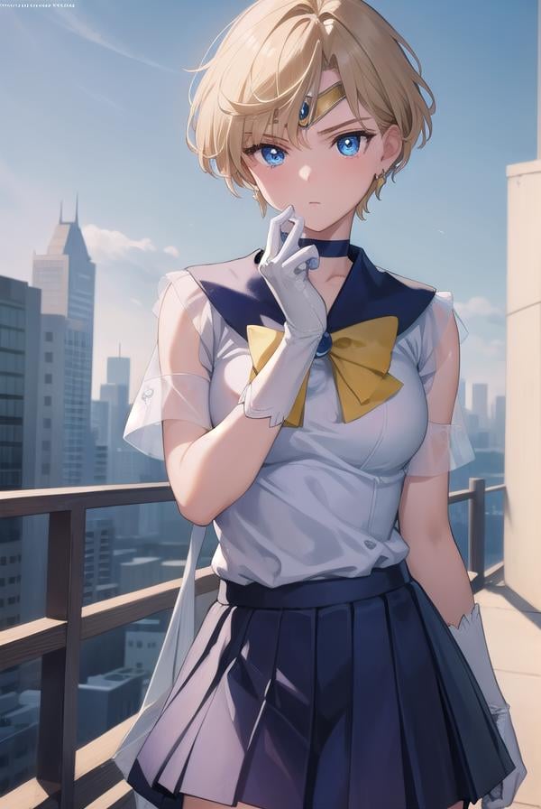 sailoruranus, <lyco:sailoruranus-lyco-nochekaiser:1>,sailor uranus, blonde hair, blue eyes, (parted bangs:1.5), short hair, very short hair,BREAK back bow, blue bow, blue choker, blue gemstone, blue sailor collar, blue skirt, bow, bowtie, choker, circlet, earrings, elbow gloves, gem, gloves, jewelry, miniskirt, pleated skirt, sailor collar, shirt, short sleeves, skirt, white gloves, white shirt, yellow bow, yellow bowtie,BREAK outdoors, city,BREAK looking at viewer, (cowboy shot:1.5),BREAK <lyco:GoodHands-beta2:1>, (masterpiece:1.2), best quality, high resolution, unity 8k wallpaper, (illustration:0.8), (beautiful detailed eyes:1.6), extremely detailed face, perfect lighting, extremely detailed CG, (perfect hands, perfect anatomy),