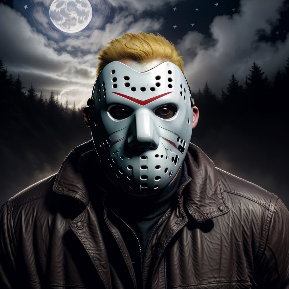  (masterpiece), (best quality, high quality:1.3), highres, absurdres, portrait of jasonmale, leather jacket, 1man, looking at viewer, dirtyrobbie, very symmetric head mask, wearing mask, covered face, covered nose, small human rounded ears, very short skipy male hair, realistic, real life, outdoors, night, turned at viewer,