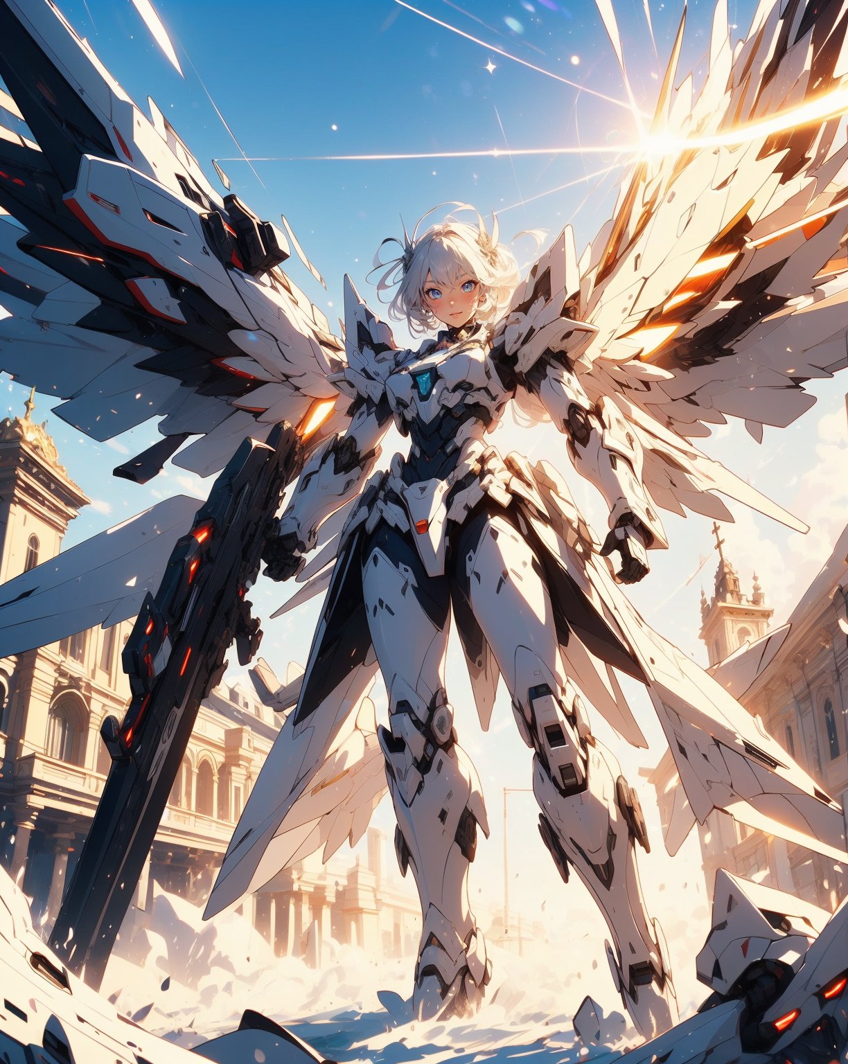 (Best quality,  masterpiece:1.3),  high resolution,  extremely details 8K unity CG wallpaper,  (anime style,  2D illustration:1.3),  BREAK1 girl,  mecha girl,  gundum impact,  black long hair,  (mecha angel style),  halo,  grace,  pure white armor,  extremely details metal luster,  beauty and detail armor,  pure white mecha wings,  huge wings,  splashed energy,  medium close up,  ,  BREAK Gorgeous church background,  piazza,  outdoors,  (perspective:1.4),  sacred occasion,  (huge cross),  (white tones building),  ((baroque architecture)),  (soft light,  bright,  lens flare:1.3),  ultragirl miya,  white bodysuit,  Mecha girl,  Raye face,  Mecha Weapon,  Armor,  Gundam impact,  , Anime style, Mecha girl, Mecha Weapon, <lora:EMS-78097-EMS:0.400000>, , <lora:EMS-79527-EMS:0.800000>