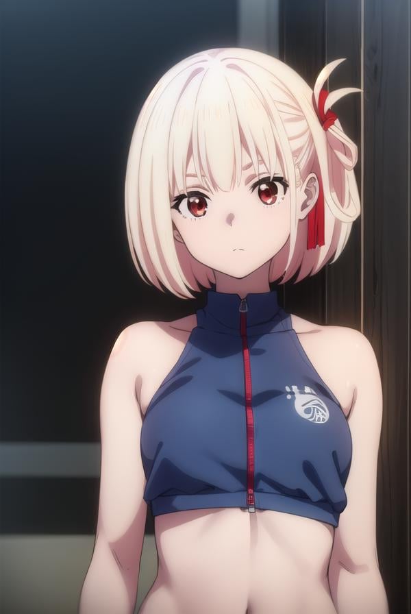 chisatonishikigi, <lyco:chisatonishikigis1-lyco-nochekaiser:1>, chisato nishikigi, short hair, bangs, blonde hair, (red eyes:1.5), hair ribbon, one side up, bob cut,BREAK navel, bare shoulders, thighs, stomach, crop top, buruma, sportswear, zipper pull tab, red buruma, sports bikini,BREAK outdoors, city,BREAK looking at viewer, (cowboy shot:1.5),BREAK <lyco:GoodHands-beta2:1>, (masterpiece:1.2), best quality, high resolution, unity 8k wallpaper, (illustration:0.8), (beautiful detailed eyes:1.6), extremely detailed face, perfect lighting, extremely detailed CG, (perfect hands, perfect anatomy),