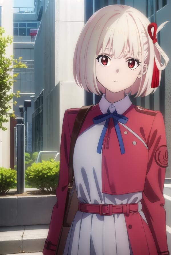 chisatonishikigi, <lyco:chisatonishikigis1-lyco-nochekaiser:1>, chisato nishikigi, short hair, bangs, blonde hair, (red eyes:1.5), hair ribbon, one side up, bob cut,BREAK shirt, long sleeves, dress, ribbon, white shirt, collared shirt, belt, neck ribbon, red dress, blue ribbon, pleated dress, grey dress, two-tone dress, red belt, lycoris uniform,BREAK outdoors, city,BREAK looking at viewer, (cowboy shot:1.5),BREAK <lyco:GoodHands-beta2:1>, (masterpiece:1.2), best quality, high resolution, unity 8k wallpaper, (illustration:0.8), (beautiful detailed eyes:1.6), extremely detailed face, perfect lighting, extremely detailed CG, (perfect hands, perfect anatomy),