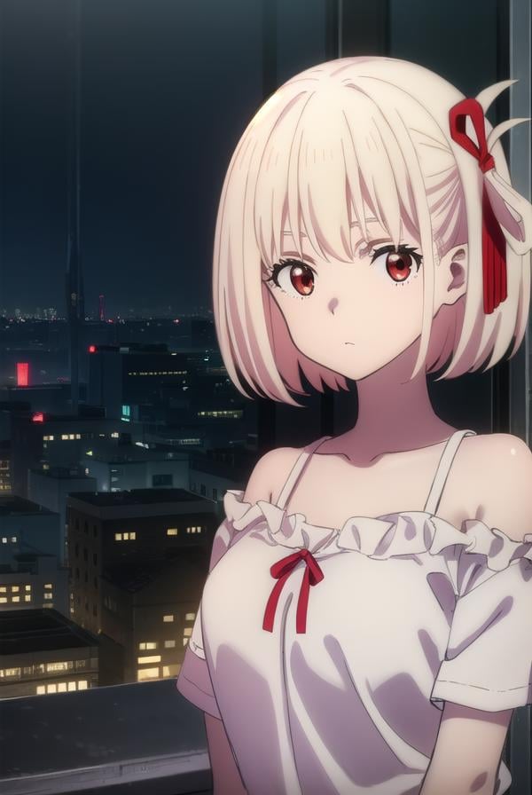 chisatonishikigi, <lyco:chisatonishikigis1-lyco-nochekaiser:1>, chisato nishikigi, short hair, bangs, blonde hair, (red eyes:1.5), hair ribbon, one side up, bob cut,BREAK shirt, bare shoulders, twintails, collarbone, hair ribbon, white shirt, frills, off shoulder, red ribbon, short twintails, off-shoulder shirt, frilled shirt,BREAK outdoors, city,BREAK looking at viewer, (cowboy shot:1.5),BREAK <lyco:GoodHands-beta2:1>, (masterpiece:1.2), best quality, high resolution, unity 8k wallpaper, (illustration:0.8), (beautiful detailed eyes:1.6), extremely detailed face, perfect lighting, extremely detailed CG, (perfect hands, perfect anatomy),