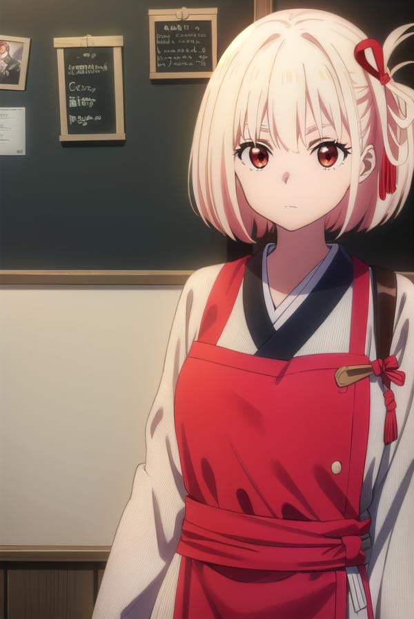 chisatonishikigi, <lyco:chisatonishikigis1-lyco-nochekaiser:1>, chisato nishikigi, short hair, bangs, blonde hair, (red eyes:1.5), hair ribbon, one side up, bob cut,BREAK japanese clothes, kimono, apron, red ribbon, waitress, red kimono,BREAK indoors, cafe, restaurant,BREAK looking at viewer, (cowboy shot:1.5),BREAK <lyco:GoodHands-beta2:1>, (masterpiece:1.2), best quality, high resolution, unity 8k wallpaper, (illustration:0.8), (beautiful detailed eyes:1.6), extremely detailed face, perfect lighting, extremely detailed CG, (perfect hands, perfect anatomy),