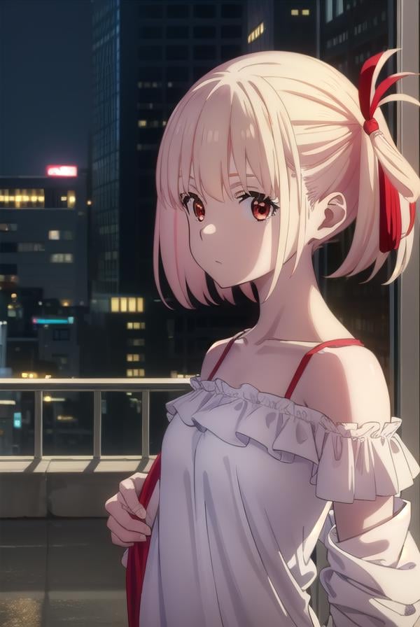 chisatonishikigi, <lyco:chisatonishikigis1-lyco-nochekaiser:1>, chisato nishikigi, short hair, bangs, blonde hair, (red eyes:1.5), hair ribbon, one side up, bob cut,BREAK shirt, bare shoulders, twintails, collarbone, hair ribbon, white shirt, frills, off shoulder, red ribbon, short twintails, off-shoulder shirt, frilled shirt,BREAK outdoors, city,BREAK looking at viewer, (cowboy shot:1.5),BREAK <lyco:GoodHands-beta2:1>, (masterpiece:1.2), best quality, high resolution, unity 8k wallpaper, (illustration:0.8), (beautiful detailed eyes:1.6), extremely detailed face, perfect lighting, extremely detailed CG, (perfect hands, perfect anatomy),