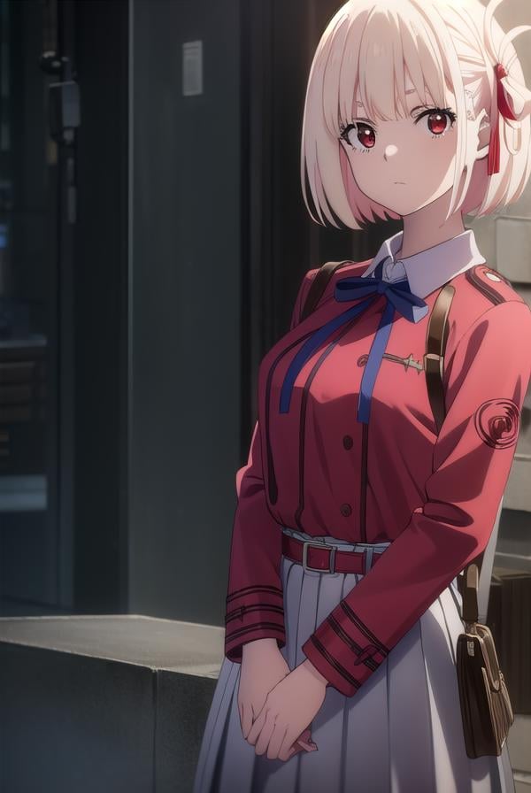 chisatonishikigi, <lyco:chisatonishikigis1-lyco-nochekaiser:1>, chisato nishikigi, short hair, bangs, blonde hair, (red eyes:1.5), hair ribbon, one side up, bob cut,BREAK shirt, long sleeves, dress, ribbon, white shirt, collared shirt, belt, neck ribbon, red dress, blue ribbon, pleated dress, grey dress, two-tone dress, red belt, lycoris uniform,BREAK outdoors, city,BREAK looking at viewer, (cowboy shot:1.5),BREAK <lyco:GoodHands-beta2:1>, (masterpiece:1.2), best quality, high resolution, unity 8k wallpaper, (illustration:0.8), (beautiful detailed eyes:1.6), extremely detailed face, perfect lighting, extremely detailed CG, (perfect hands, perfect anatomy),