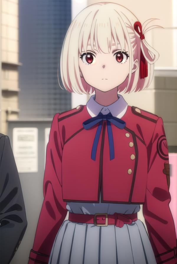 chisatonishikigi, <lyco:chisatonishikigis1-lyco-nochekaiser:1>, chisato nishikigi, short hair, bangs, blonde hair, (red eyes:1.5), hair ribbon, one side up, bob cut,BREAK shirt, long sleeves, dress, ribbon, white shirt, collared shirt, belt, neck ribbon, red dress, blue ribbon, pleated dress, grey dress, two-tone dress, red belt, lycoris uniform,BREAK outdoors, city,BREAK looking at viewer, (cowboy shot:1.5),BREAK <lyco:GoodHands-beta2:1>, (masterpiece:1.2), best quality, high resolution, unity 8k wallpaper, (illustration:0.8), (beautiful detailed eyes:1.6), extremely detailed face, perfect lighting, extremely detailed CG, (perfect hands, perfect anatomy),