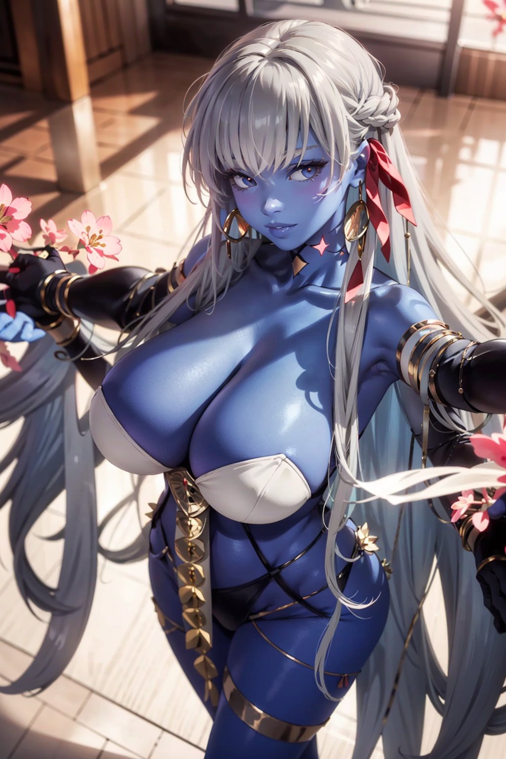 gray hair,  1girl,  long hair,  extra arms,  colored skin,  huge breasts,  jewelry,  solo,  very long hair,  white hair,  blue skin,  room background,  top flowers sakura,  thicc,  high details,  perfect anatomy,  pose from above, <lora:EMS-80517-EMS:0.800000>