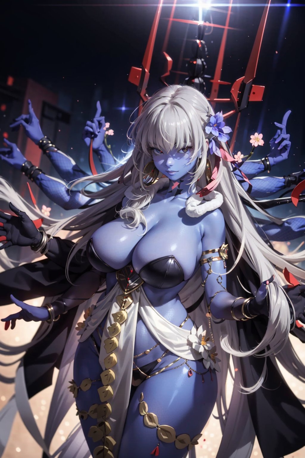 gray hair,  1girl,  long hair,  extra arms,  colored skin,  huge breasts,  jewelry,  solo,  very long hair,  white hair,  blue skin,  room background,  top flowers sakura,  thicc,  high details,  perfect anatomy,  pose from above, <lora:EMS-80517-EMS:0.800000>