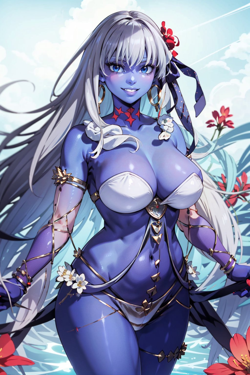 alternative skin color , blue skin,  silver hair,  blue eyes,  revealing clothes,  thicc_thighs,  breasts,  high deteails,  white bikini,  flower_top,  blue breasts,  smile,  tonge out,  mouth open,  very expresive, <lora:EMS-63726-EMS:0.100000>, , <lora:EMS-80517-EMS:1.000000>